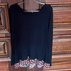 Tolani Black Long Sleeve Top with Patterned Hem